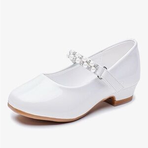 Elegant White Kids Shoes with Pearl Strap, low heel
